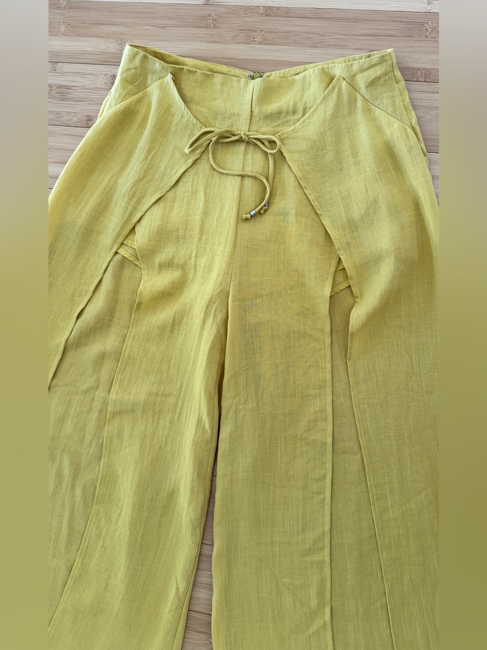 SJ Style Yellow Wide-Leg Split Panel Pants large petite tie waist - Picture 4 of 8